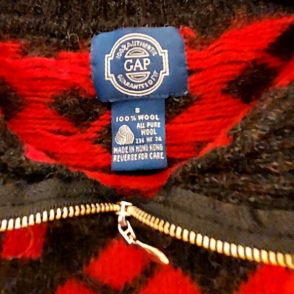 Gap Womans 100% Pure Wool Red & Black Sweater sz S Mock Neck Zip Up Vintage - Picture 4 of 10